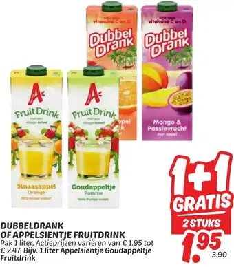 Dekamarkt Dubbeldrank of appelsientje fruitdrink aanbieding