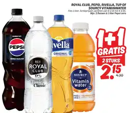 Dekamarkt Royal club, pepsi, rivella, 7up of sourcy vitaminwater aanbieding