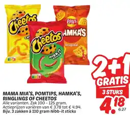 Dekamarkt Mama mia's, pomtips, hamka's, ringlings of cheetos aanbieding
