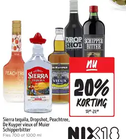 Jumbo Sierra tequila, Dropshot, Peachtree, De Kuyper vieux of Muier Schipperbitter aanbieding