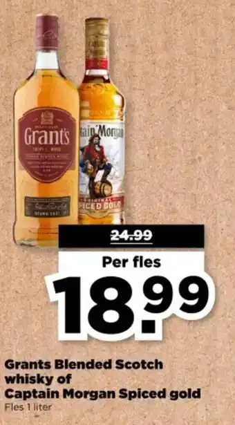 PLUS Grants Blended Scotch whisky of Captain Morgan Spiced gold aanbieding