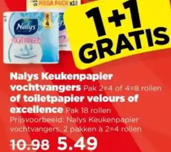 PLUS Nalys Keukenpapier vochtvangers of toiletpapier velours of excellence aanbieding