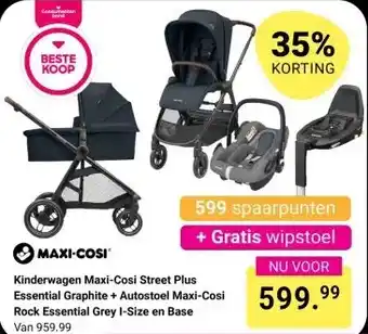 Van Asten BabySuperstore Kinderwagen Maxi-Cosi Street Plus Essential Graphite + Autostoel Maxi-Cosi Rock Essential Grey I-Size en Base aanbieding