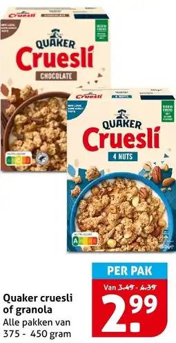 Hoogvliet Quaker cruesli of granola aanbieding