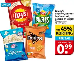 Hoogvliet Jimmy's Popcorn, Doritos, Lay's naturel, paprika of Bugles aanbieding