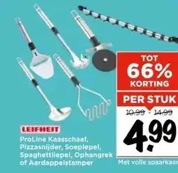 Vomar Voordeelmarkt LEIFHEIT ProLine Kaasschaaf, Pizzasnijder, Soeplepel, Spaghettilepel, Ophangrek of Aardappelstamper aanbieding