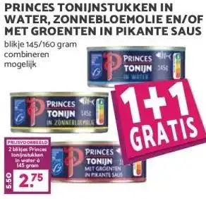 MCD Supermarkt PRINCES TONIJNSTUKKEN IN WATER, ZONNEBLOEMOLIE EN/OF MET GROENTEN IN PIKANTE SAUS aanbieding