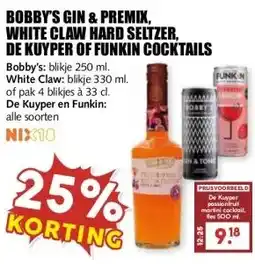 MCD Supermarkt BOBBY'S GIN & PREMIX, WHITE CLAW HARD SELTZER, DE KUYPER OF FUNKIN COCKTAILS aanbieding