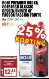 MCD Supermarkt BOLS PREMIUM VODKA, COEBERGH CLASSIC BESSENJENEVER OF PASSOA PASSION FRUITS aanbieding