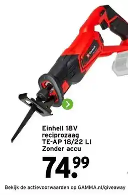 GAMMA Einhell 18V reciprozaag TE-AP 18/22 LI Zonder accu aanbieding