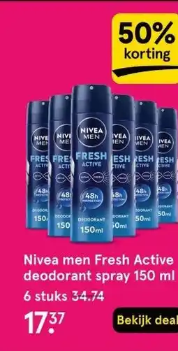 Etos Nivea men Fresh Active deodorant spray 150 ml aanbieding