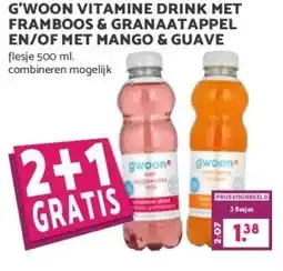 Boon`s Markt G'WOON VITAMINE DRINK MET FRAMBOOS & GRANAATAPPEL EN/OF MET MANGO & GUAVE flesje 500 ml. aanbieding