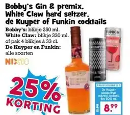 Boon`s Markt Bobby's Gin & premix, White Claw hard seltzer, de Kuyper of Funkin cocktails aanbieding