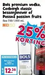 Boon`s Markt Bols premium vodka. Coebergh classic bessenjenever of Passoa passion fruits aanbieding
