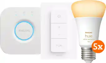 Coolblue Philips Hue White Ambiance E27 5-pack + dimmer + bridge aanbieding