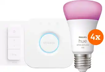 Coolblue Philips Hue White and Color Starter Pack E27 met 4 lampen, dimmer + bridge aanbieding