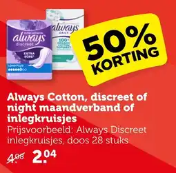 CoopCompact Always Cotton, discreet of night maandverband of inlegkruisjes aanbieding