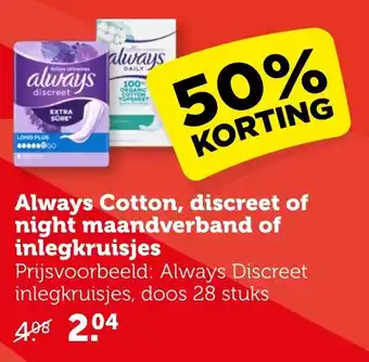 CoopCompact Always Cotton, discreet of night maandverband of inlegkruisjes aanbieding
