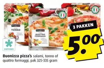 Boni Buonizza pizza's salami, tonno of quattro formaggi, aanbieding