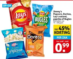 Hoogvliet Jimmy's Popcorn, Doritos, Lay's naturel, paprika of Bugles aanbieding