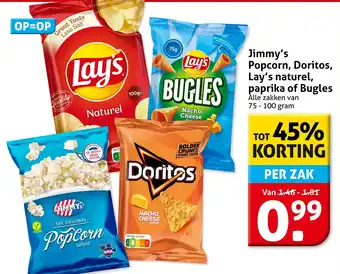 Hoogvliet Jimmy's Popcorn, Doritos, Lay's naturel, paprika of Bugles aanbieding