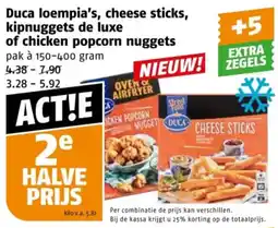 Poiesz Duca loempia's, cheese sticks, kipnuggets de luxe of chicken popcorn nuggets aanbieding