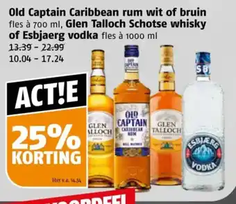 Poiesz Old Captain Caribbean rum wit of bruin, Glen Talloch Schotse whisky of Esbjaerg vodka aanbieding