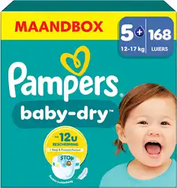 Amazon Pampers Baby-Dry Maat 5+, 168 Luiers, 12kg-17kg, Tot 100% Lekvrije en Comfortabele Nacht aanbieding