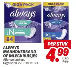 Dekamarkt Always maandverband of inlegkruisjes aanbieding