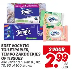 Dekamarkt Edet vochtig toiletpapier, tempo zakdoekjes of tissues aanbieding