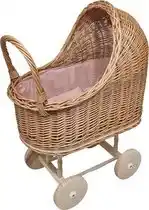 Bol.com Playwood - Rieten Poppenwagen - kinderwagen- roze bekleding met kussentjes rieten kap -houten wielen aanbieding
