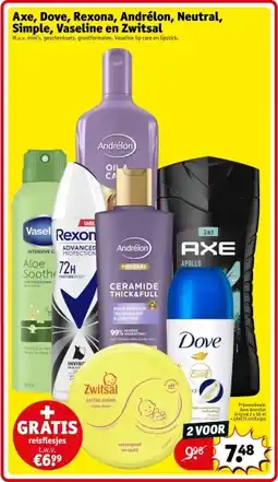 Kruidvat Axe, Dove, Rexona, Andrélon, Neutral, Simple, Vaseline en Zwitsal aanbieding