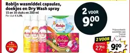 Kruidvat Robijn wasmiddel capsules, doekjes en Dry Wash spray aanbieding