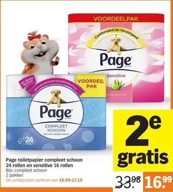 Albert Heijn Page toiletpapier compleet schoon 24 rollen en sensitive 16 rollen aanbieding