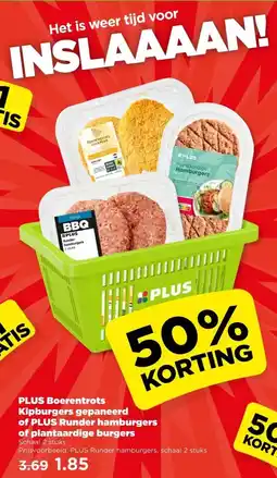 PLUS PLUS Boerentrots Kipburgers gepaneerd of PLUS Runder hamburgers of plantaardige burgers aanbieding