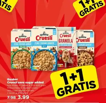 PLUS Quaker Cruesli zero sugar added aanbieding