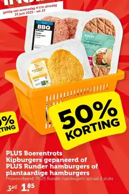 Coop PLUS Boerentrots Kipburgers gepaneerd of PLUS Runder hamburgers of plantaardige hamburgers aanbieding