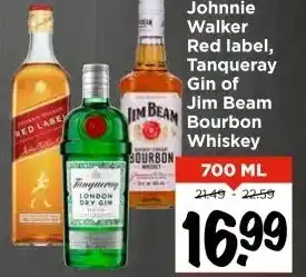 Vomar Voordeelmarkt Johnnie Walker Red label, Tanqueray Gin of Jim Beam Bourbon Whiskey aanbieding