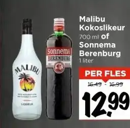 Vomar Voordeelmarkt Malibu Kokoslikeur 700 ml of Sonnema Berenburg 1 liter aanbieding