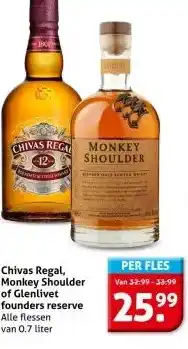 Hoogvliet Chivas Regal, Monkey Shoulder of Glenlivet founders reserve aanbieding