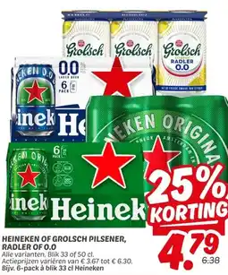 Dekamarkt HEINEKEN OF GROLSCH PILSENER, RADLER OF 0.0 aanbieding