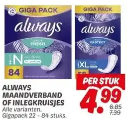 Dekamarkt ALWAYS MAANDVERBAND OF INLEGKRUISJES aanbieding