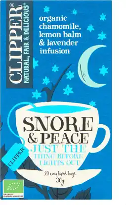 Amazon Clipper Snore & Peace Organic Chamomile, Lemon Balm & Lavender Infusion 4 x 20 stuks 30 g aanbieding