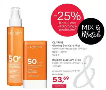 Pour Vous CLARINS Glowing Sun Care Mist Very High Protection SPF50+ Body 150 ml €38,11 aanbieding