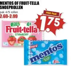 MCD Supermarkt MENTOS OF FRUIT-TELLA SNOEPROLLEN aanbieding