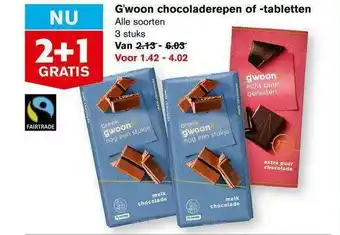 Hoogvliet G'woon Chocoladerepen Of -Tabletten 2+1 Gratis aanbieding