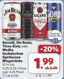 Combi Bacardi, Jim Beam, Three Sixty oder Wodka Gorbatschow Spirituosen Mixgetränke aanbieding