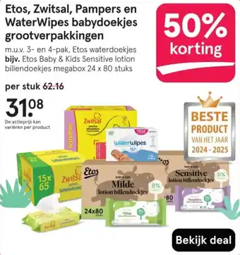 Etos Etos, Zwitsal, Pampers en WaterWipes babydoekjes grootverpakkingen aanbieding