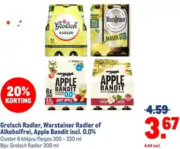Makro Grolsch Radler, Warsteiner Radler of Alkoholfrei, Apple Bandit incl. 0.0% aanbieding