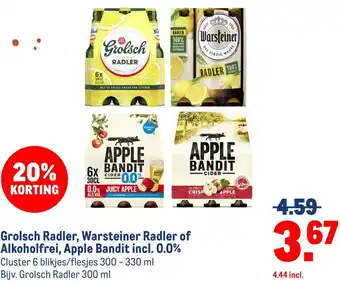 Makro Grolsch Radler, Warsteiner Radler of Alkoholfrei, Apple Bandit incl. 0.0% aanbieding